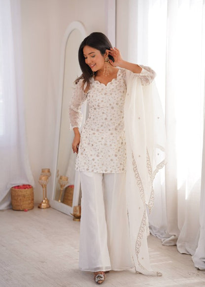 Designer Crunchy Silk Kurta Bell Bottom Set With Embroidery Sequence & Zari Work Dupatta