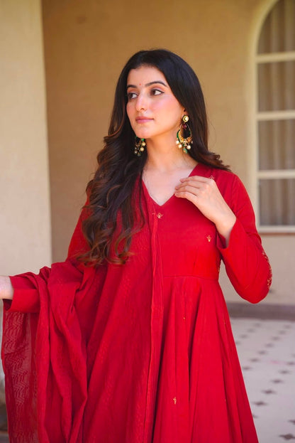 Heavy Roman Silk Embroidered Anarkali Kurta Set with Palazzo & Chanderi Silk Dupatta