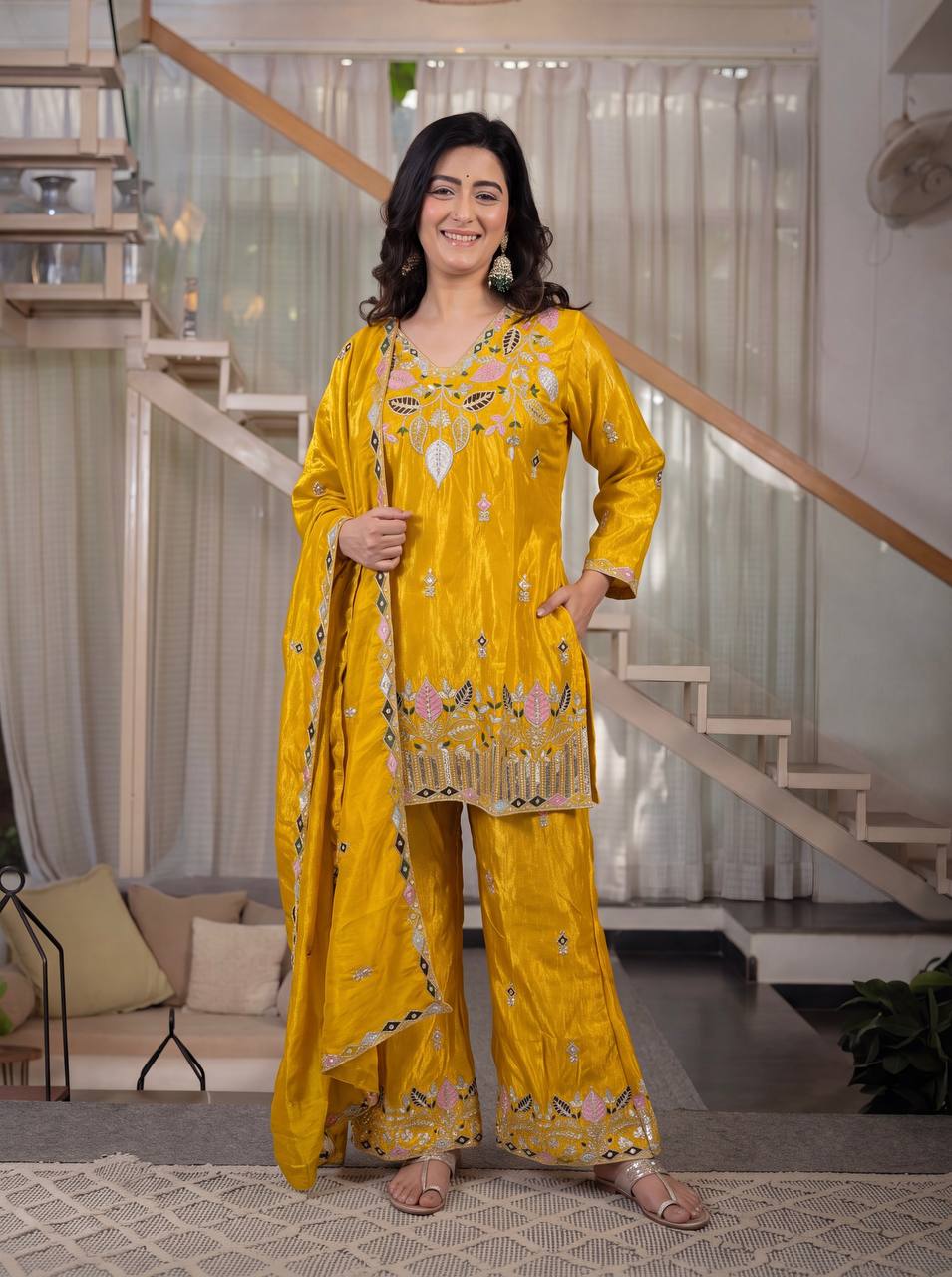 Premium Sindoori Satin Silk Embroidered Palazzo Suit Set for Women
