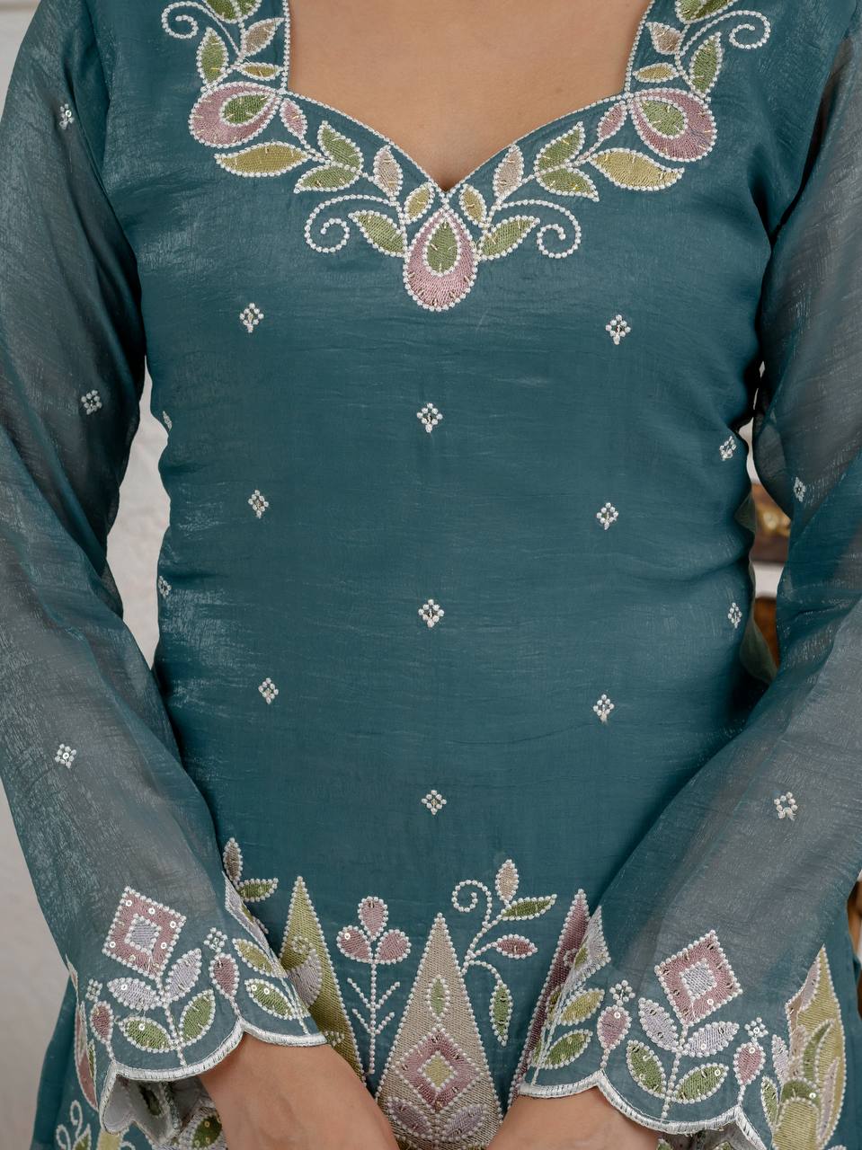 Heavy Crunchy Silk Embroidered Kurta Set with Palazzo & Dupatta