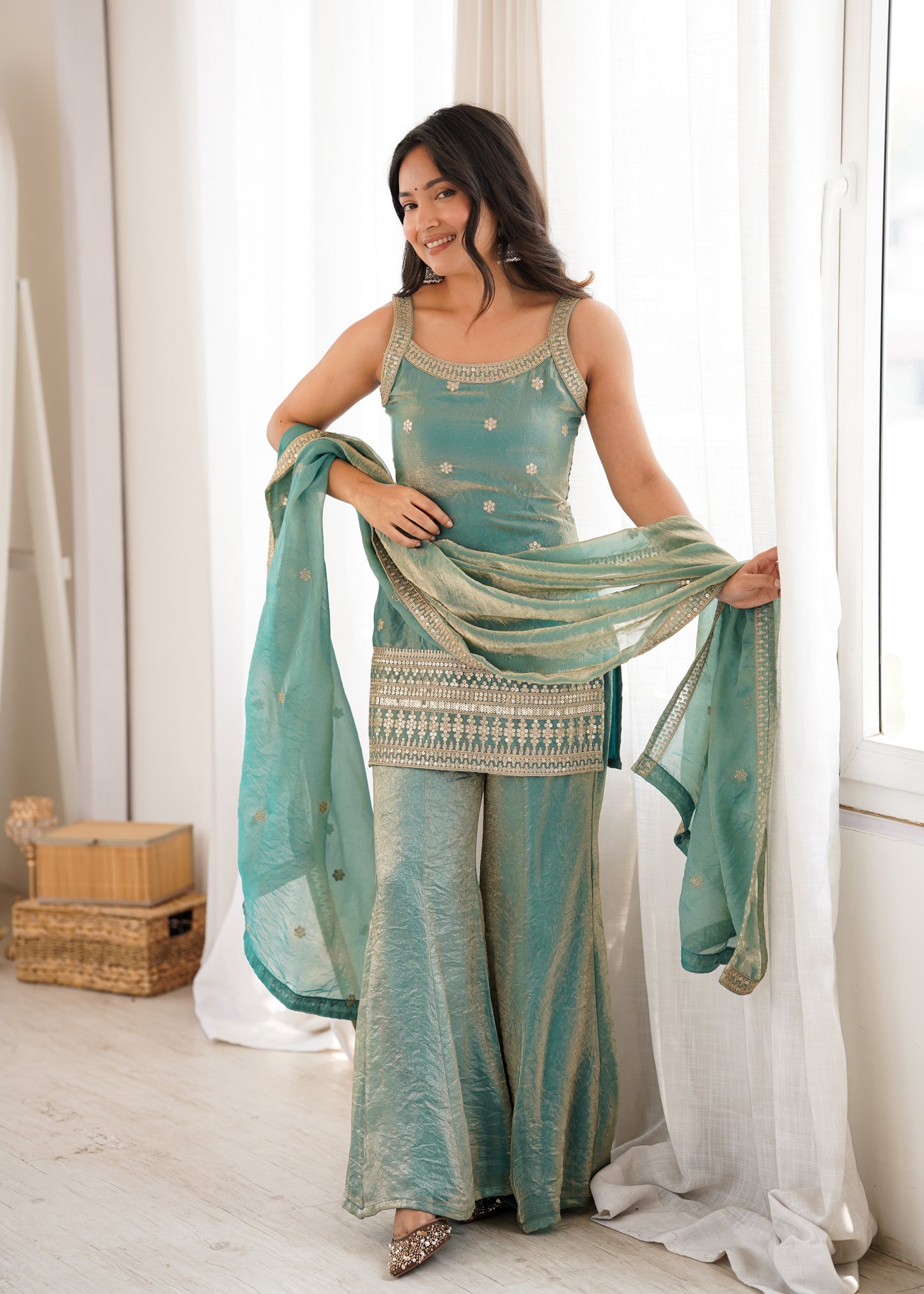 Women Trendy Silk Embroidery Sequence Dori Work Kurta Pant Dupatta Set