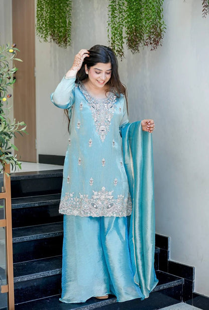 Elegant Heavy Embroidered Satin Suit Set for Women
