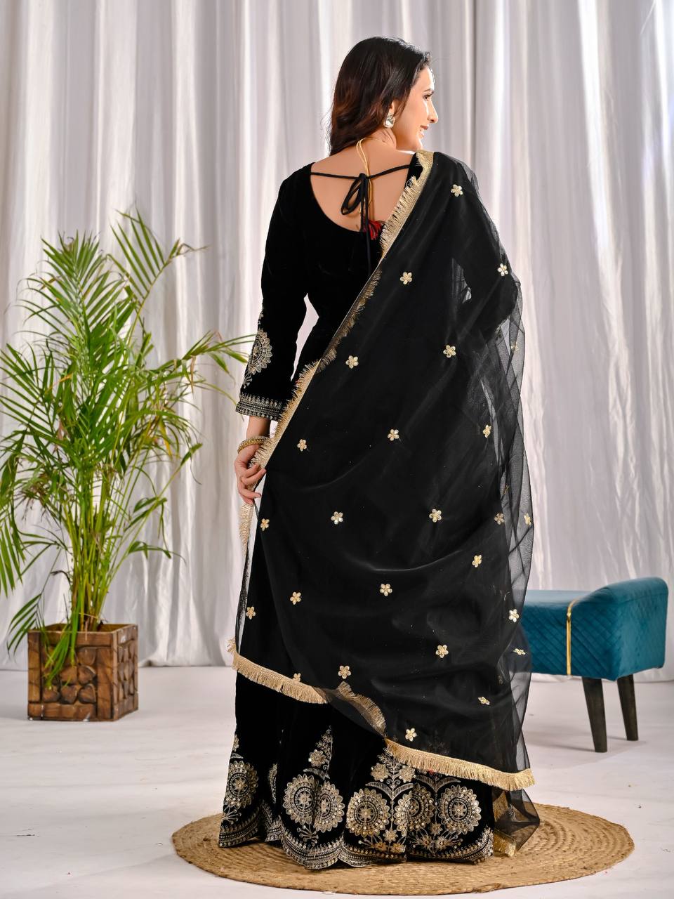 Royal Party Wear Velvet Anarkali Suit with Embroidered Net Dupatta