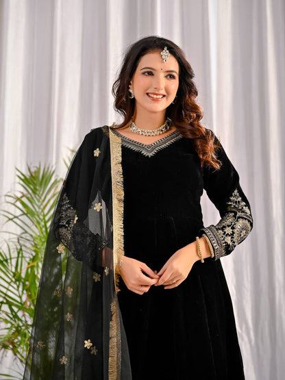 Royal Party Wear Velvet Anarkali Suit with Embroidered Net Dupatta