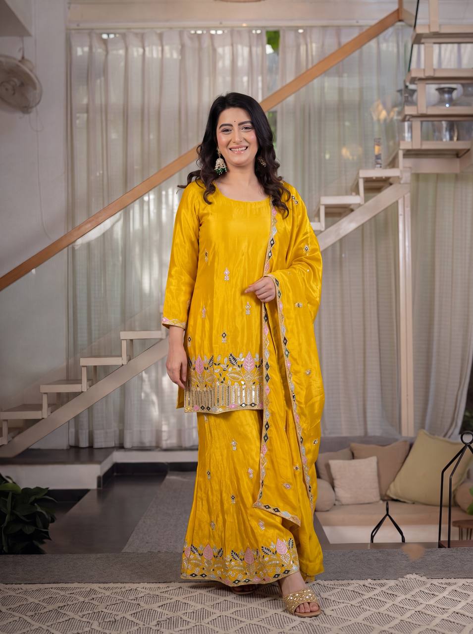 Premium Sindoori Satin Silk Embroidered Palazzo Suit Set for Women
