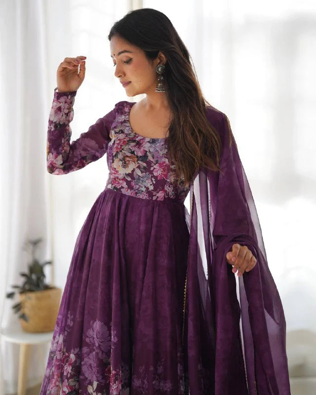 Pure Soft Organza Silk Fully Flared Kali Cut Anarkali Suit Set with Dupatta & Pant