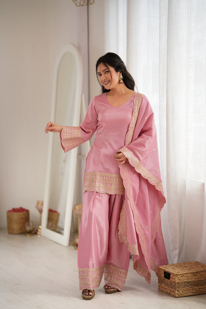 Glass Roman Silk Embroidered Farshi Salwar Suit Set with Dupatta for Women