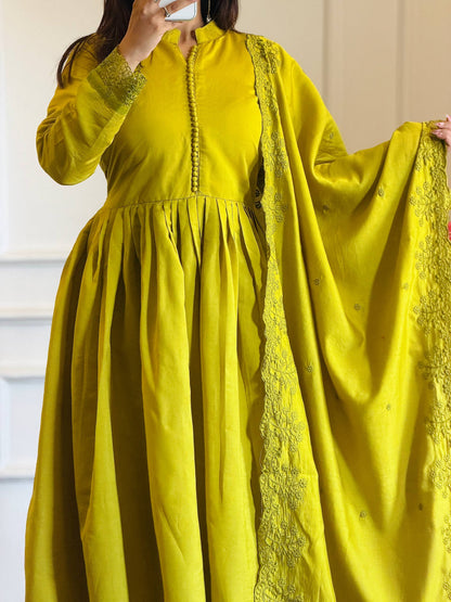 Elegant Heavy Embroidered Roman Silk Gown Set with Dupatta