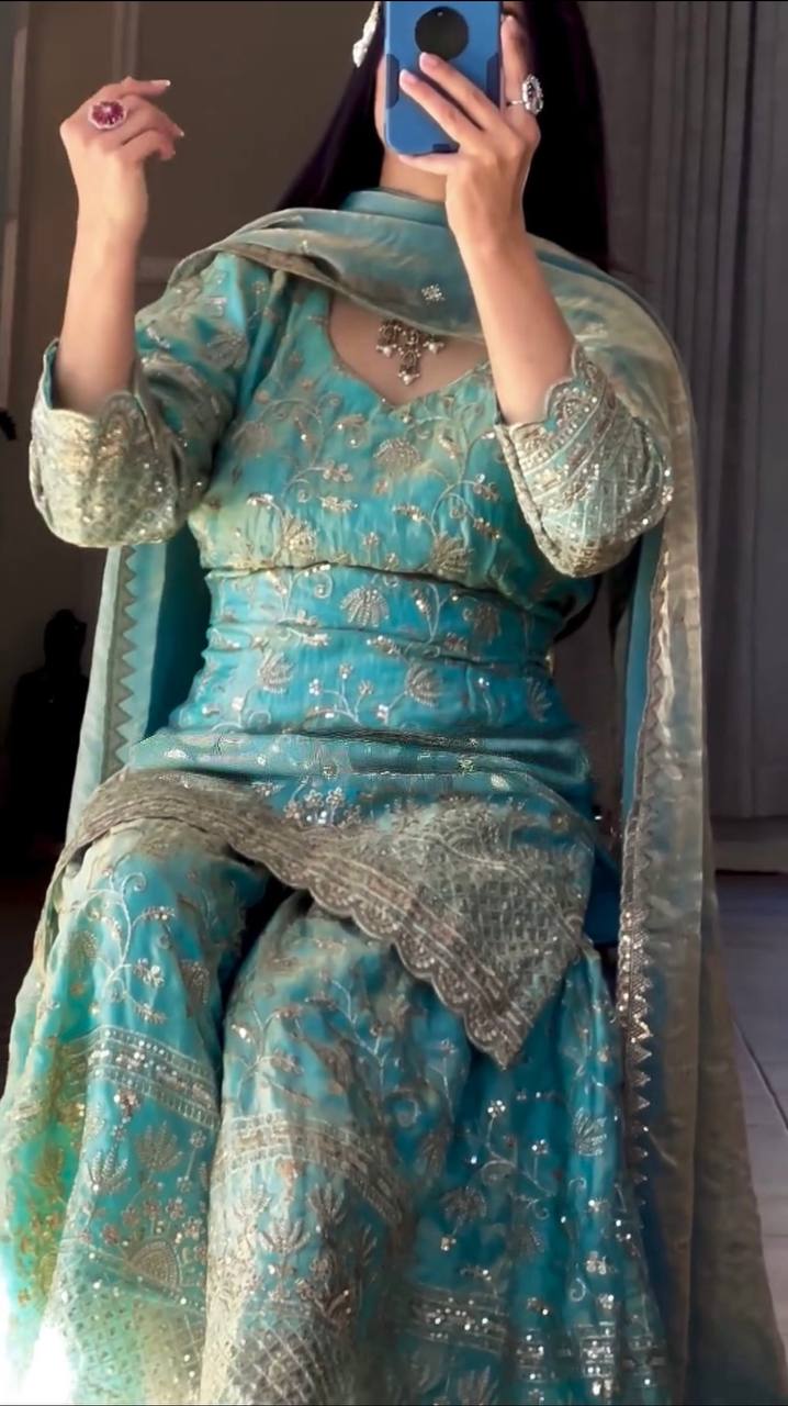 Designer Sequins Embroidered Sharara Suit with Dupatta for Women