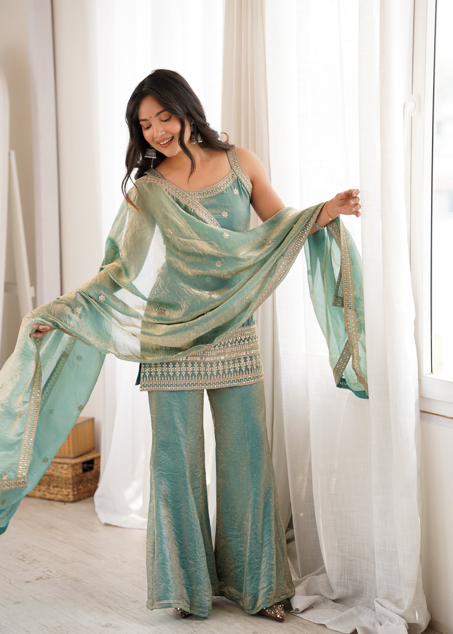 Women Trendy Silk Embroidery Sequence Dori Work Kurta Pant Dupatta Set
