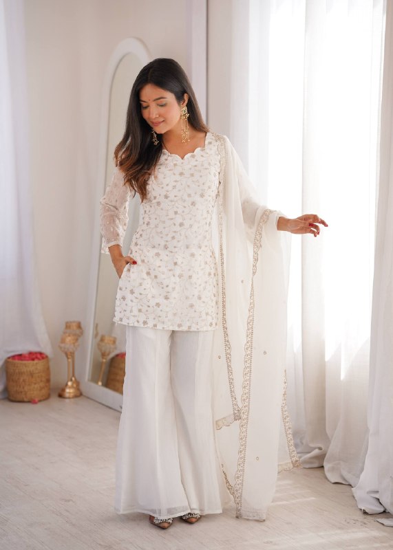 Designer Crunchy Silk Kurta Bell Bottom Set With Embroidery Sequence & Zari Work Dupatta