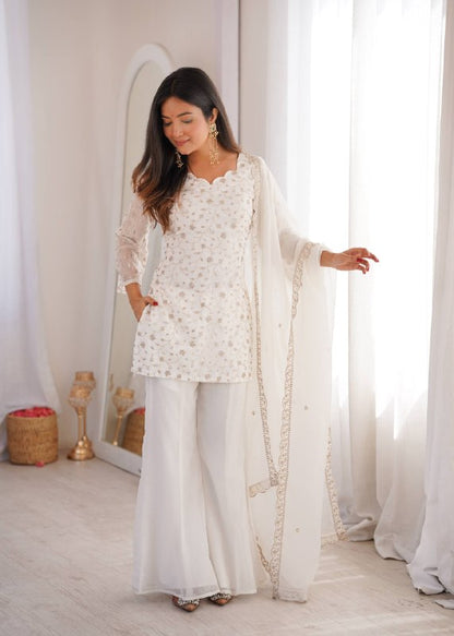 Designer Crunchy Silk Kurta Bell Bottom Set With Embroidery Sequence & Zari Work Dupatta