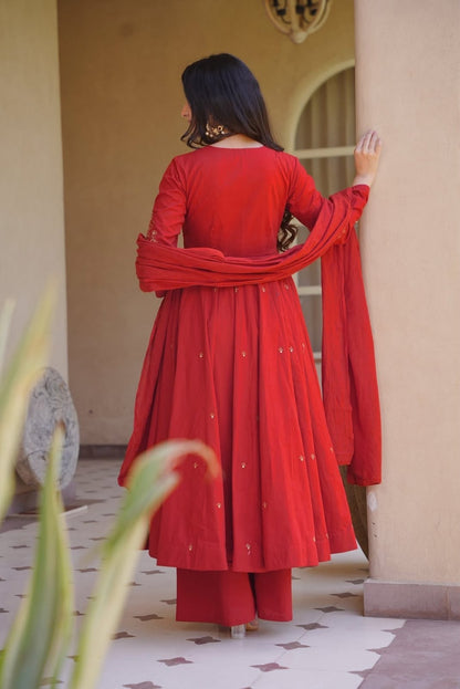 Heavy Roman Silk Embroidered Anarkali Kurta Set with Palazzo & Chanderi Silk Dupatta