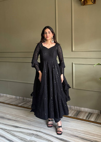 Heavy Fox Georgette Lucknowi Embroidered Anarkali Gown Set with Dupatta