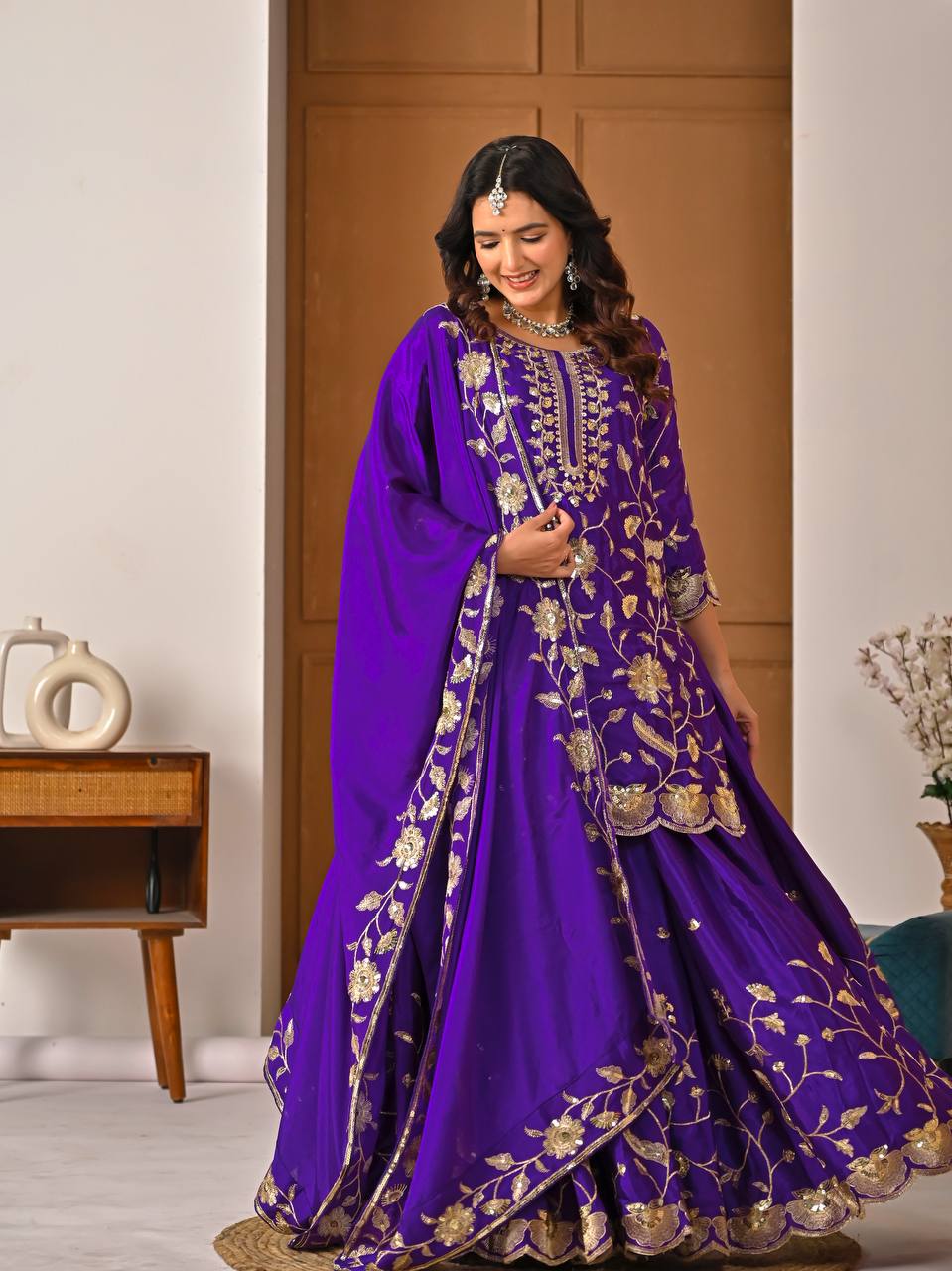 Eid & Party Wear Purple Floral Embroidery Lehenga Top and Dupatta Set