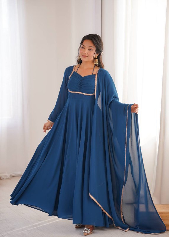 Premium Designer Fox Georgette Long Gown with Rich Flare & Lace Dupatta