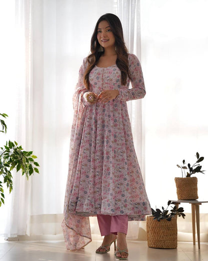 Floral Orange Chiffon Anarkali Set With 4 Meter Flair & Shawl Style Dupatta