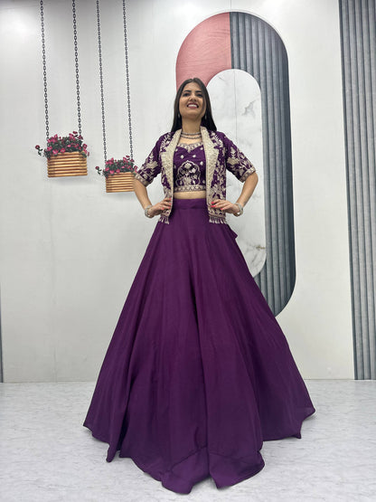 Designer Chinon Crop Top Lehenga Set with Heavy Embroidery Jacket