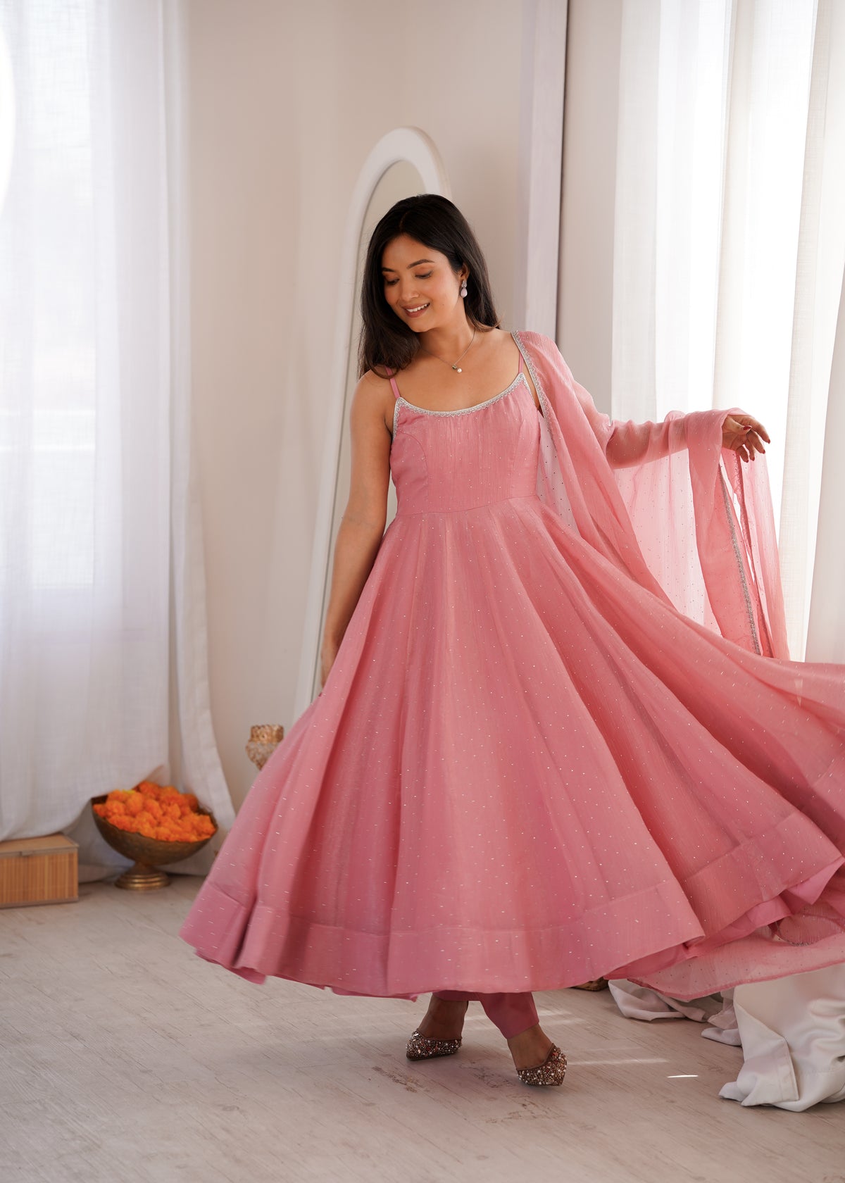 Women’s Crunchy Silk Anarkali Suit Set with Swarovski Work & Lace Border Dupatta