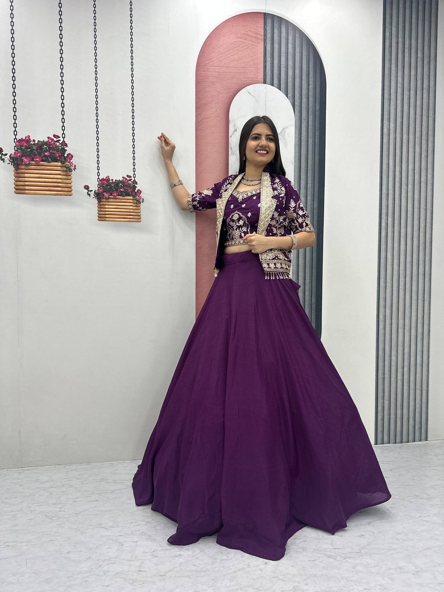 Designer Chinon Crop Top Lehenga Set with Heavy Embroidery Jacket