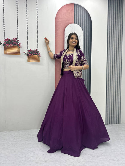 Designer Chinon Crop Top Lehenga Set with Heavy Embroidery Jacket