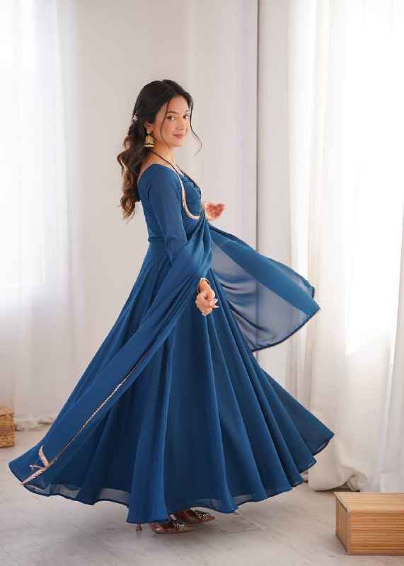 Premium Designer Fox Georgette Long Gown with Rich Flare & Lace Dupatta