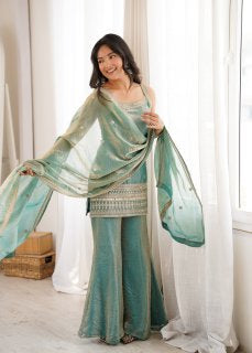 Women Trendy Silk Embroidery Sequence Dori Work Kurta Pant Dupatta Set