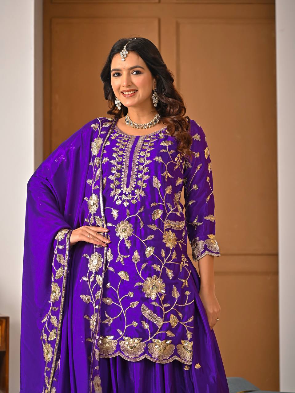 Eid & Party Wear Purple Floral Embroidery Lehenga Top and Dupatta Set