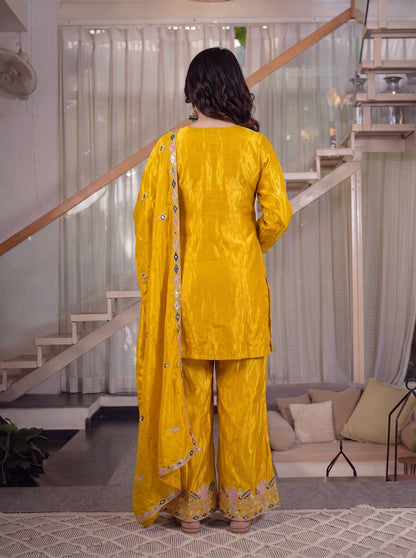 Premium Sindoori Satin Silk Embroidered Palazzo Suit Set for Women