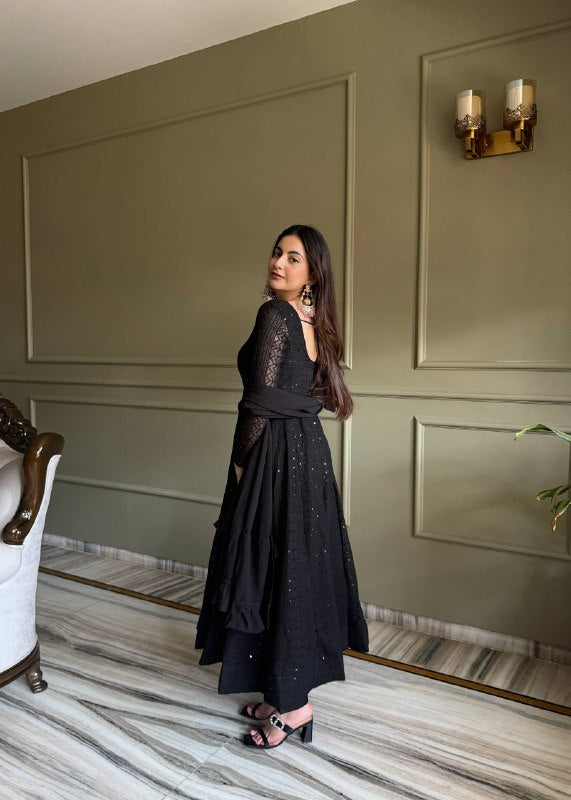 Heavy Fox Georgette Lucknowi Embroidered Anarkali Gown Set with Dupatta