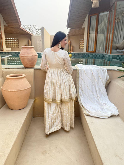 Women's Heavy CP Vichitra Silk Embroidered Kurta Sharara Set with 5mm Sequence Work & Lace Border Dupatta