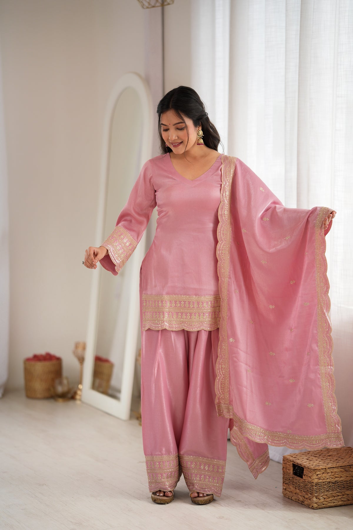 Glass Roman Silk Embroidered Farshi Salwar Suit Set with Dupatta for Women