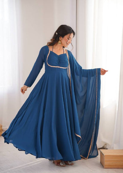 Premium Designer Fox Georgette Long Gown with Rich Flare & Lace Dupatta