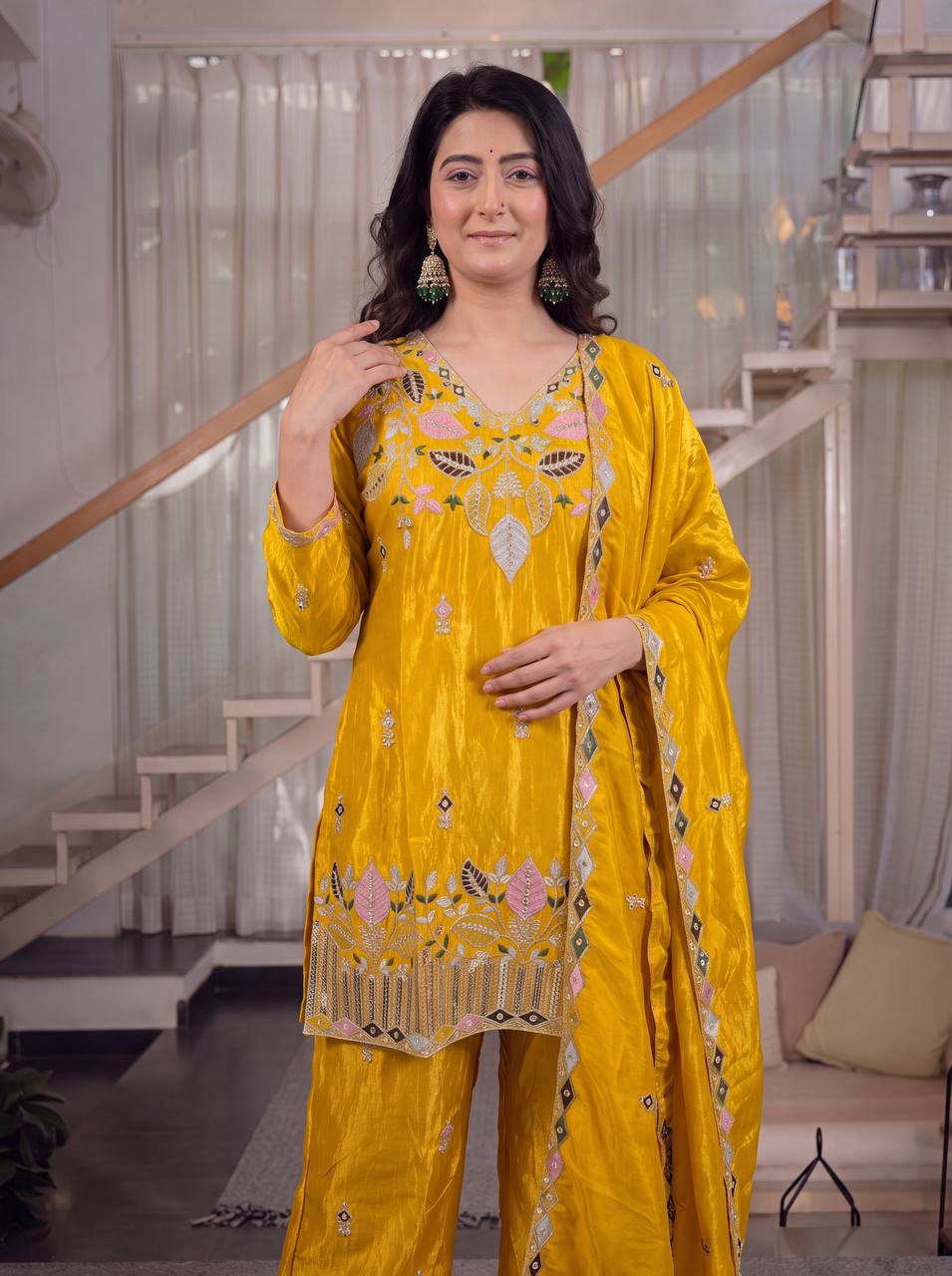 Premium Sindoori Satin Silk Embroidered Palazzo Suit Set for Women