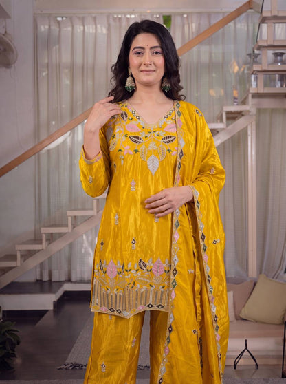 Premium Sindoori Satin Silk Embroidered Palazzo Suit Set for Women