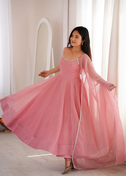 Women’s Crunchy Silk Anarkali Suit Set with Swarovski Work & Lace Border Dupatta