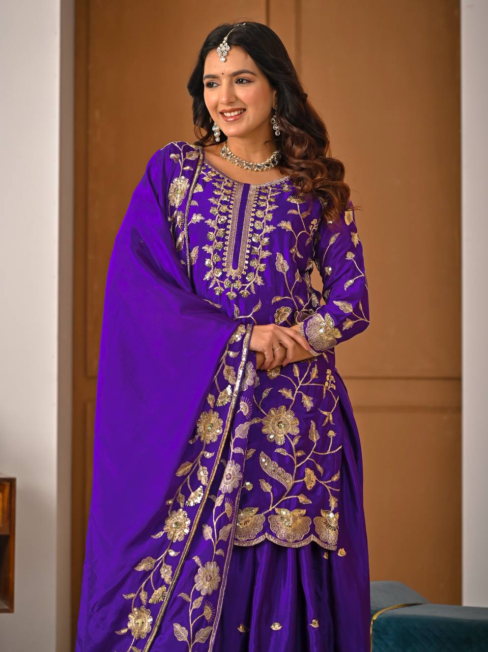 Eid & Party Wear Purple Floral Embroidery Lehenga Top and Dupatta Set