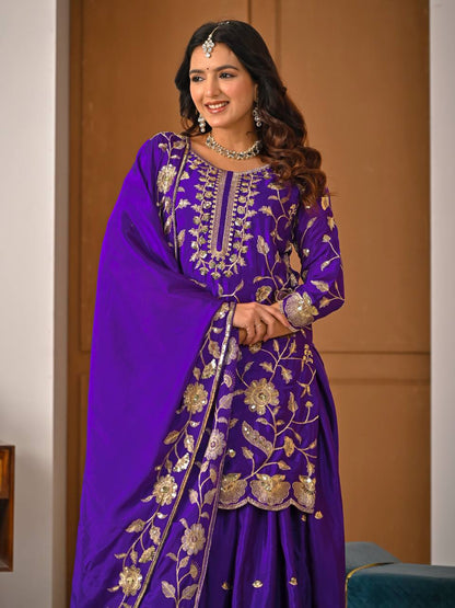 Eid & Party Wear Purple Floral Embroidery Lehenga Top and Dupatta Set