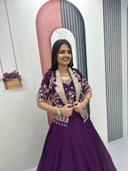 Designer Chinon Crop Top Lehenga Set with Heavy Embroidery Jacket