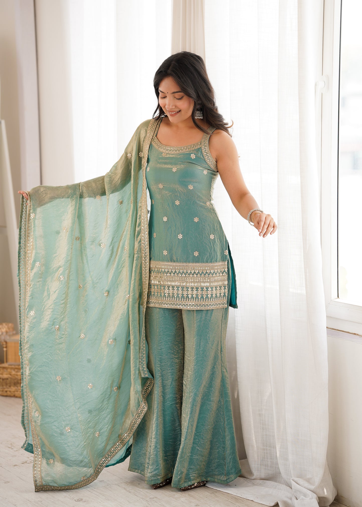 Women Trendy Silk Embroidery Sequence Dori Work Kurta Pant Dupatta Set