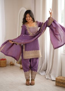 Party Wear NC Vichitra Silk Farshi Shalwar Set with Lace Dupatta