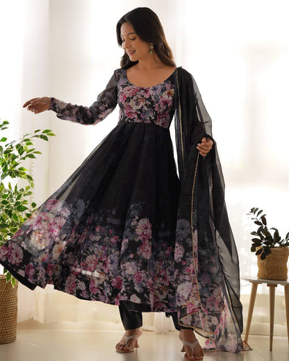 Pure Soft Organza Silk Fully Flared Kali Cut Anarkali Suit Set with Dupatta & Pant