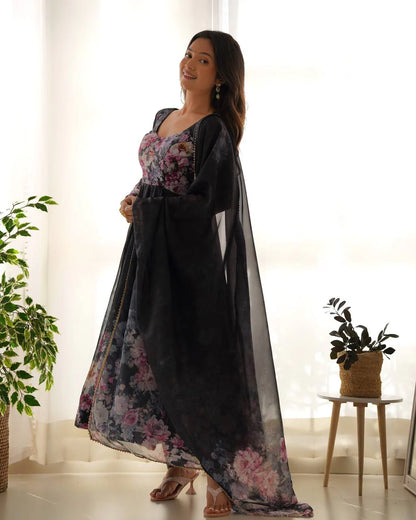 Pure Soft Organza Silk Fully Flared Kali Cut Anarkali Suit Set with Dupatta & Pant
