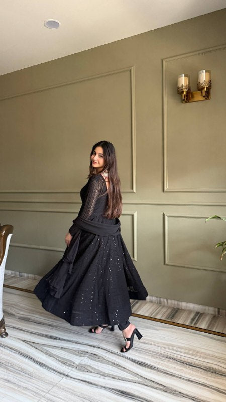 Heavy Fox Georgette Lucknowi Embroidered Anarkali Gown Set with Dupatta