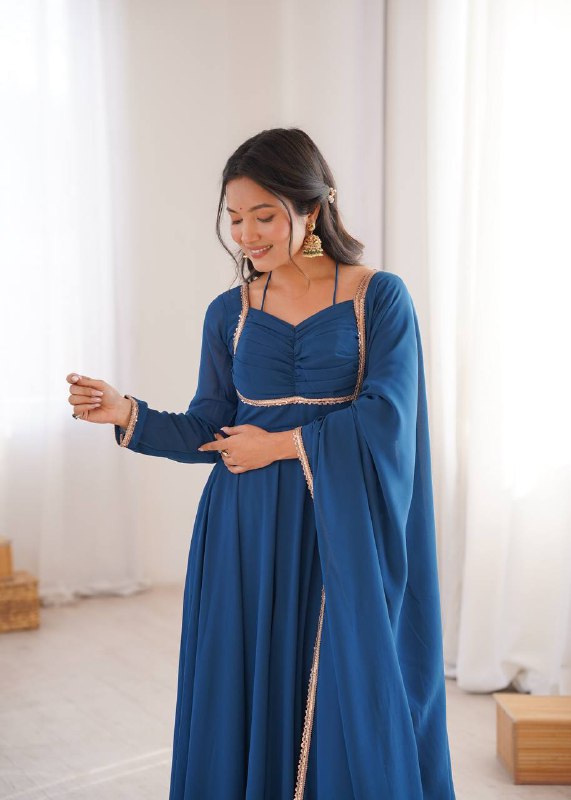 Premium Designer Fox Georgette Long Gown with Rich Flare & Lace Dupatta