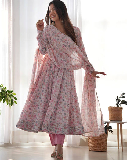 Floral Orange Chiffon Anarkali Set With 4 Meter Flair & Shawl Style Dupatta