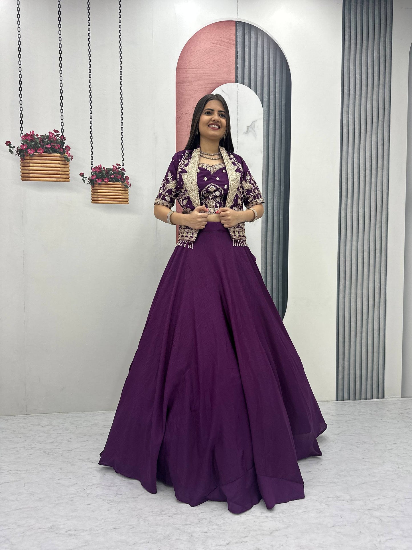 Designer Chinon Crop Top Lehenga Set with Heavy Embroidery Jacket