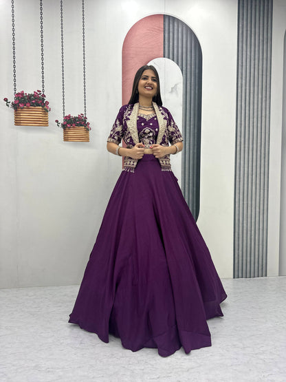 Designer Chinon Crop Top Lehenga Set with Heavy Embroidery Jacket