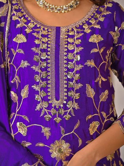 Eid & Party Wear Purple Floral Embroidery Lehenga Top and Dupatta Set