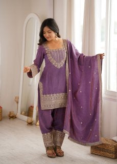 Party Wear NC Vichitra Silk Farshi Shalwar Set with Lace Dupatta